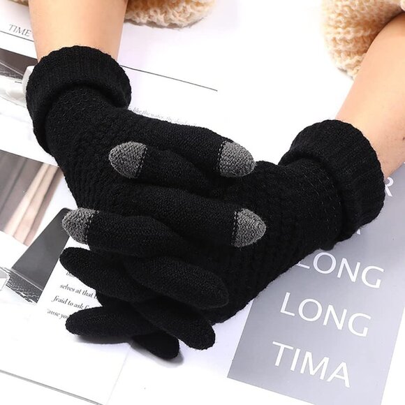 Women's 2 Pairs Black Beige Winter Touch Screen Gloves Elastic Cuff Winter Glove - Picture 6 of 7